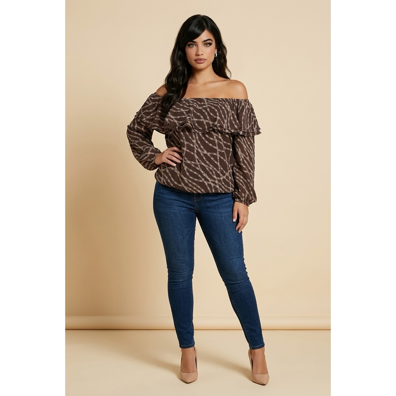 Michael Kors Chain Print Off The Shoulder Ruffle Top Brown 0X 12W NEW