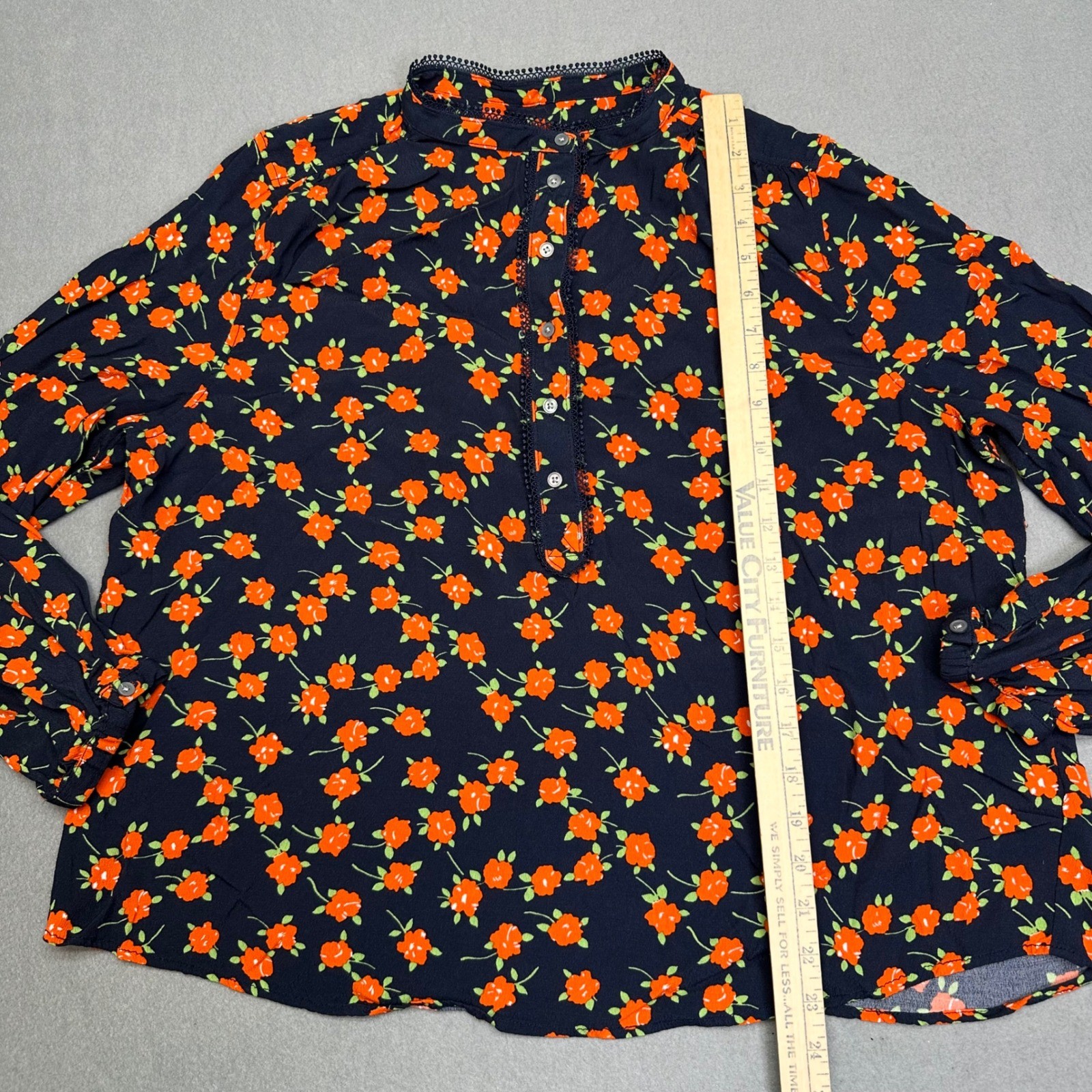 J.Crew Band Collar Lace Trim Blouse Top Womens XXL Navy Orange Floral Whimsigoth