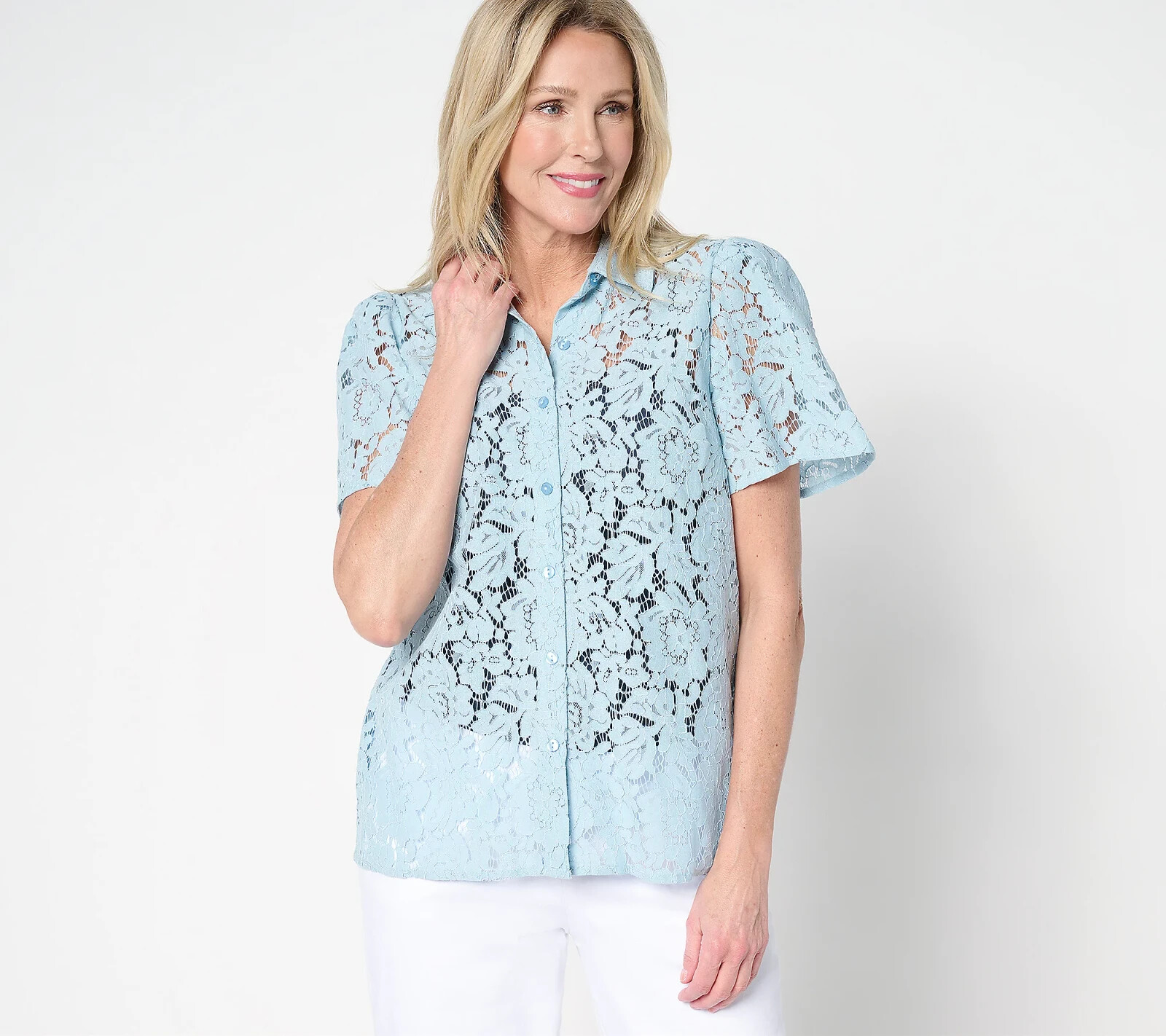 Dennis Basso Flutter Sleeve Lace Camp Shirt-Cool Water Blue-XL A681186 NEW