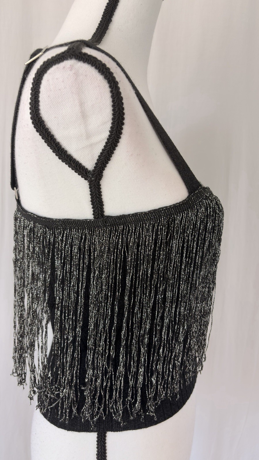 Fab’rik Black Silver Metallic Fringed Crop Ribbed Square Neck Tank Top Sz Medium