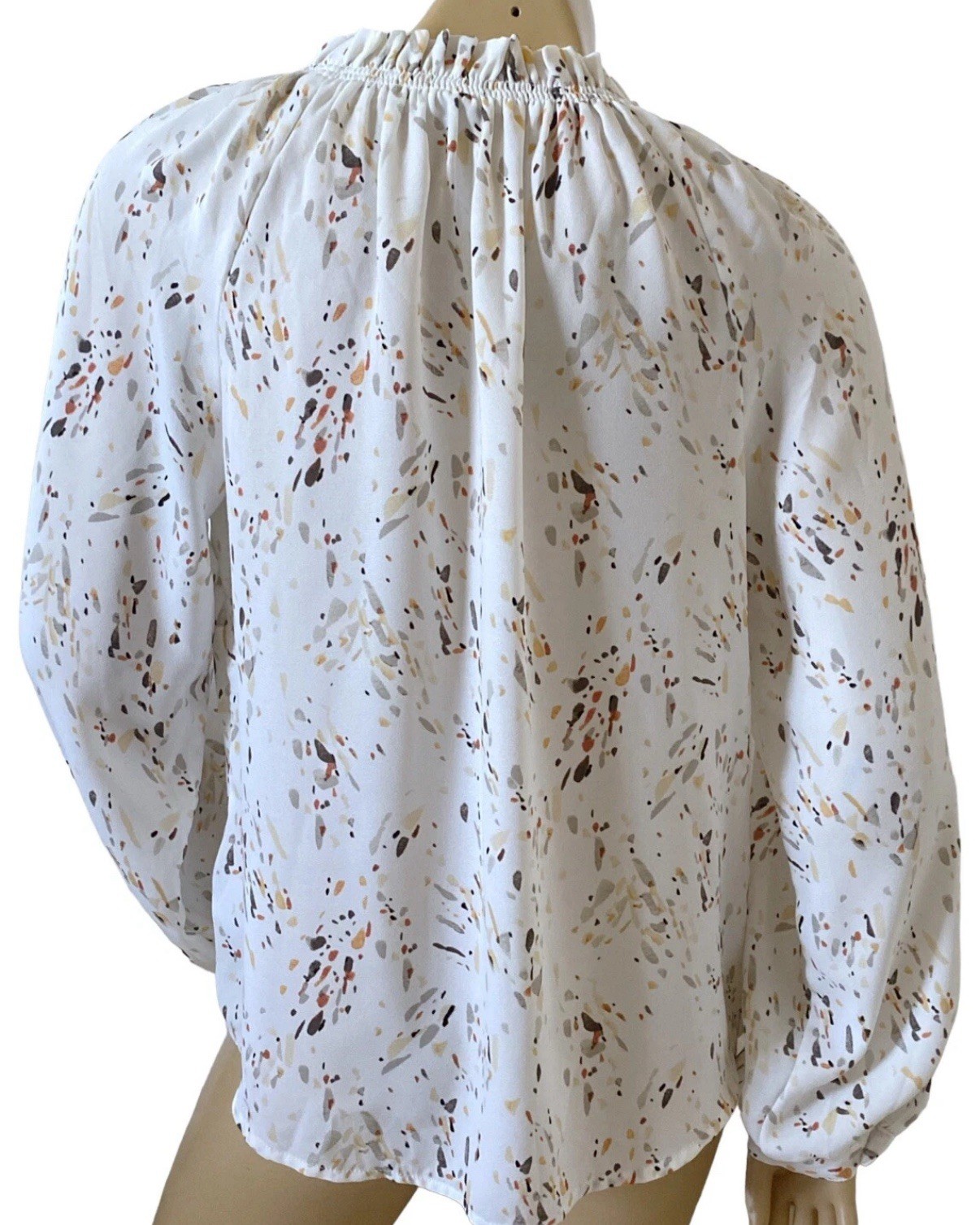 A New Day Blouse S White Multicolor Print Long Sleeve Ruffle Neck Keyhole Boho
