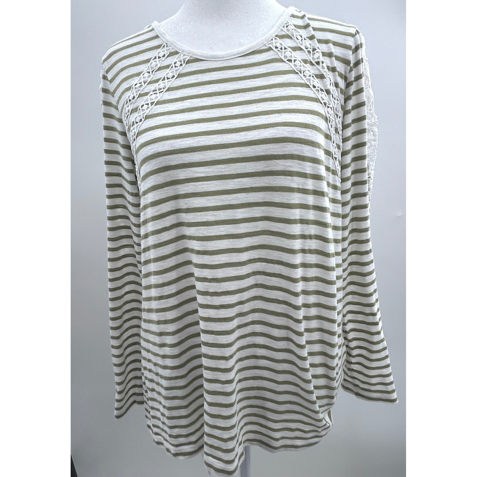 Womens Olive Green White Striped Long Sleeve Top Lace Crochet Detail Crew Neck