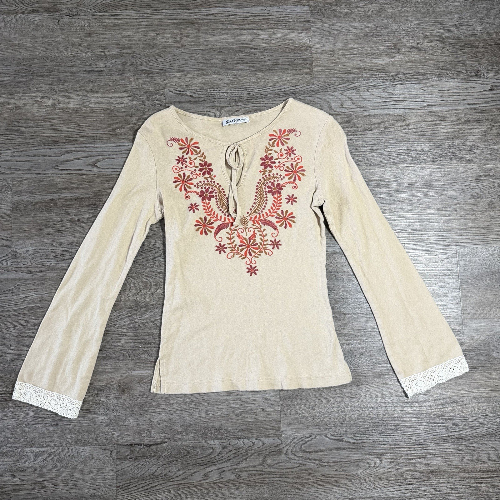 Vintage Y2K Embroidered Floral Top Shirt Womens S Boho Cottagecore Fairy Lace
