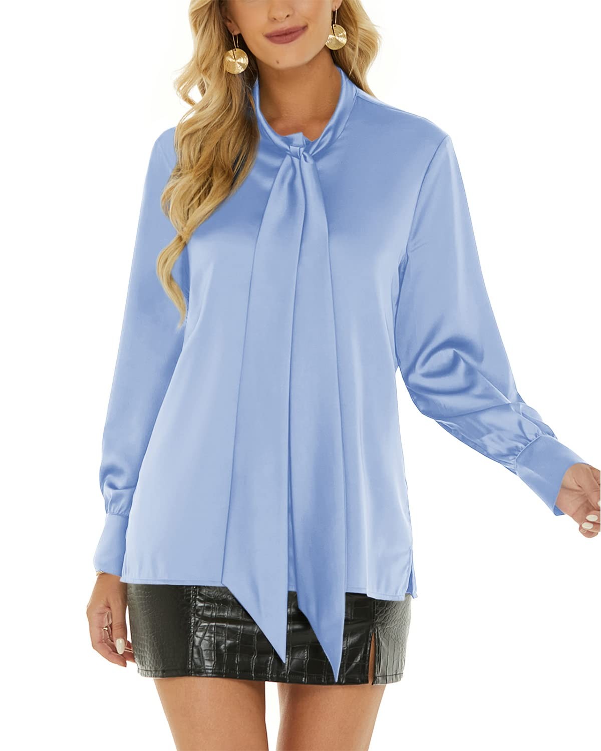 Women’s Silk Blouse Long Sleeve Bow Tie Neck Button Down Shirts Casual Office L