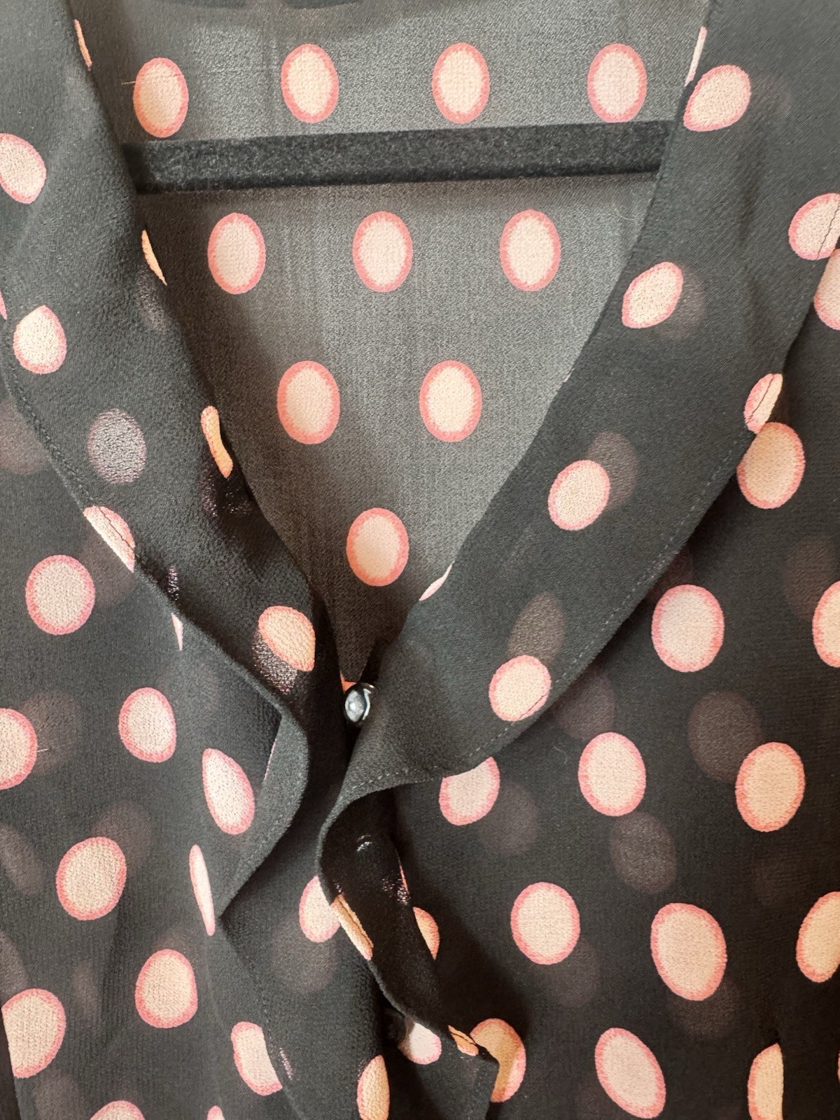 Emma James Black Sheer Blouse Button Down The Front Ruffle Pink Polkadot Size 12