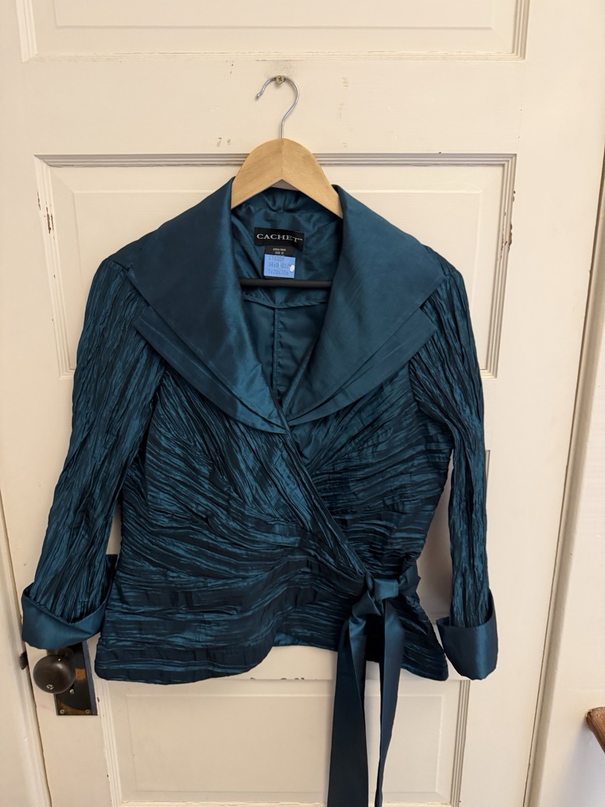 Cachet Women’s Green Collared Formal Top Jacket Pleated Bow Size 12