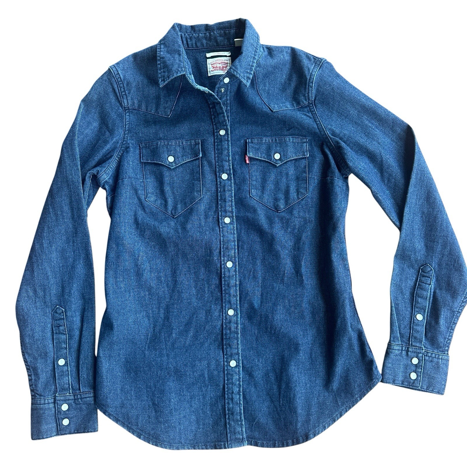 Levis Shirt Womens Sz S Blue Denim Long Sleeve Pearl Snap Rodeo Cowgirl Western