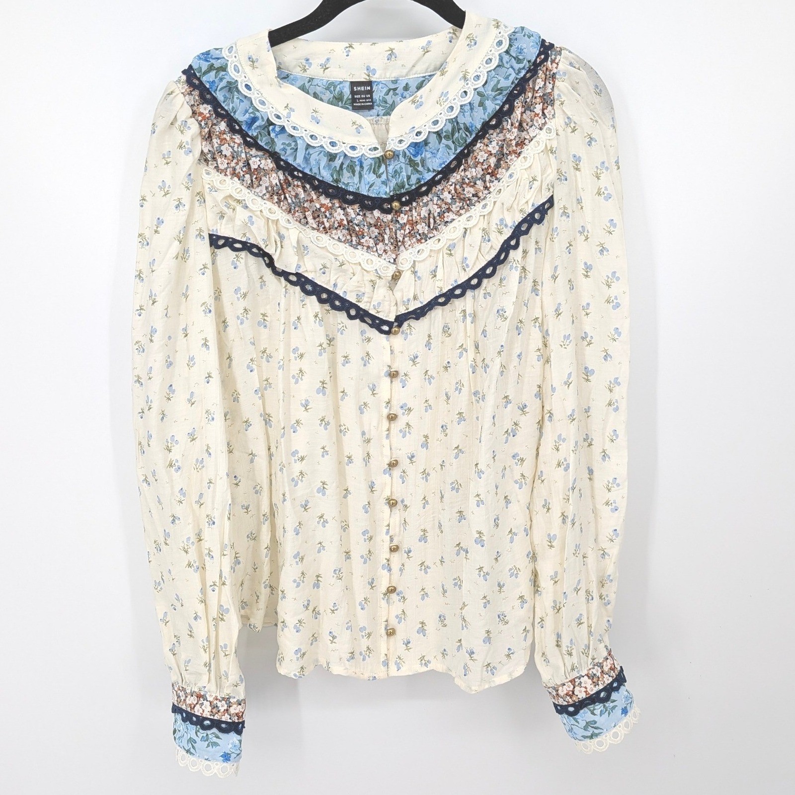 Cottagecore Floral Lace Blouse Large Cream Boho Button Up Prairie Victorian