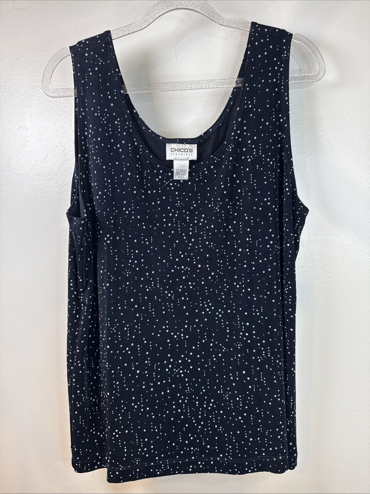 CHICO’S TRAVELERS SIZE 3 XL VTG TANK TOP BLACK W/WHITE DOT ACETATE SPANDEX Slink
