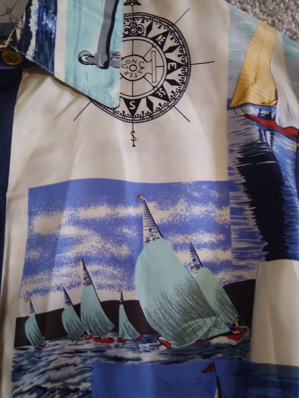 Button Down Shirt Nautical Sailing 100% Silk Blouse Vintage Doncaster Top L XL