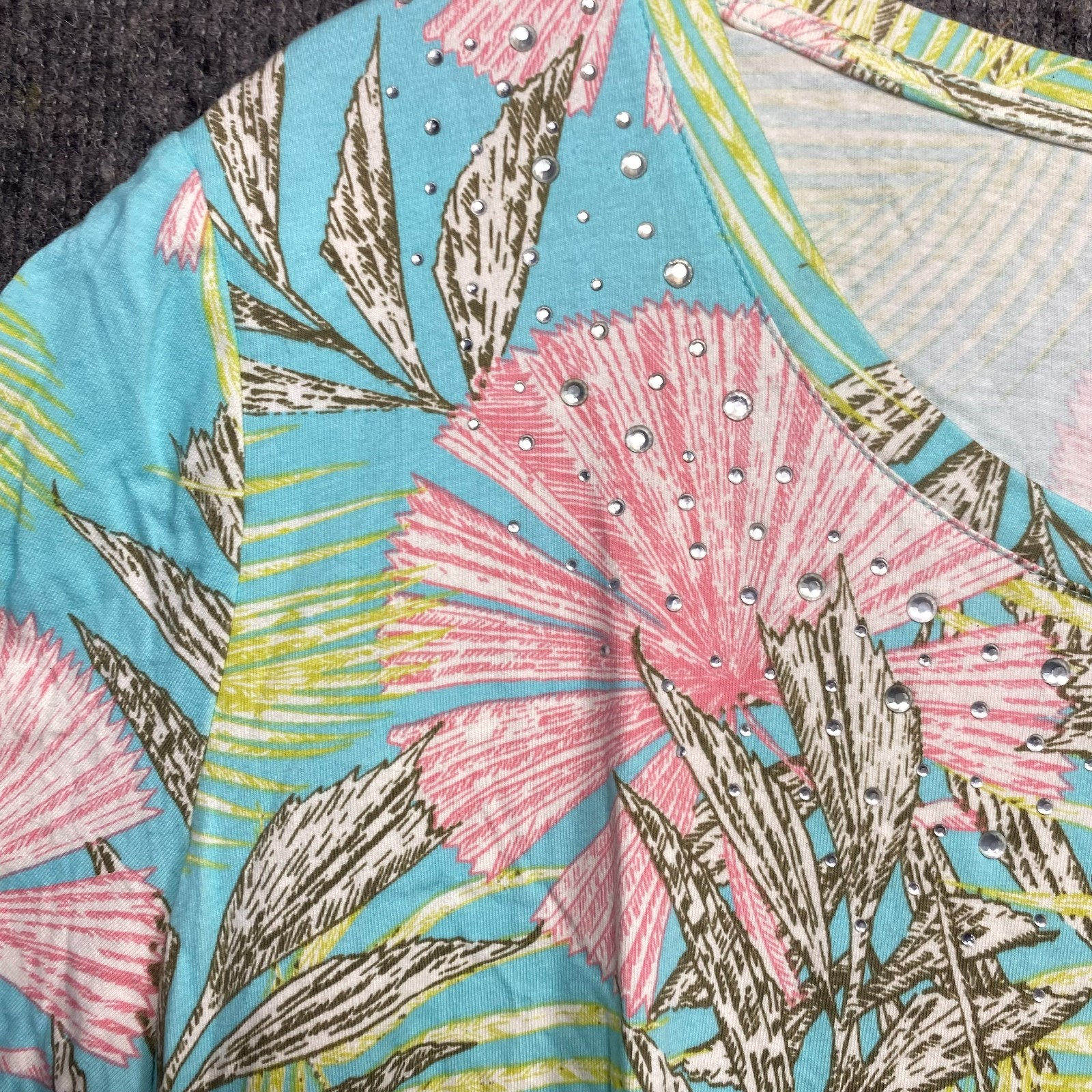 Coral Bay Women’s XL Palm Tee Sparkle Beaded Graphic Top Tropical