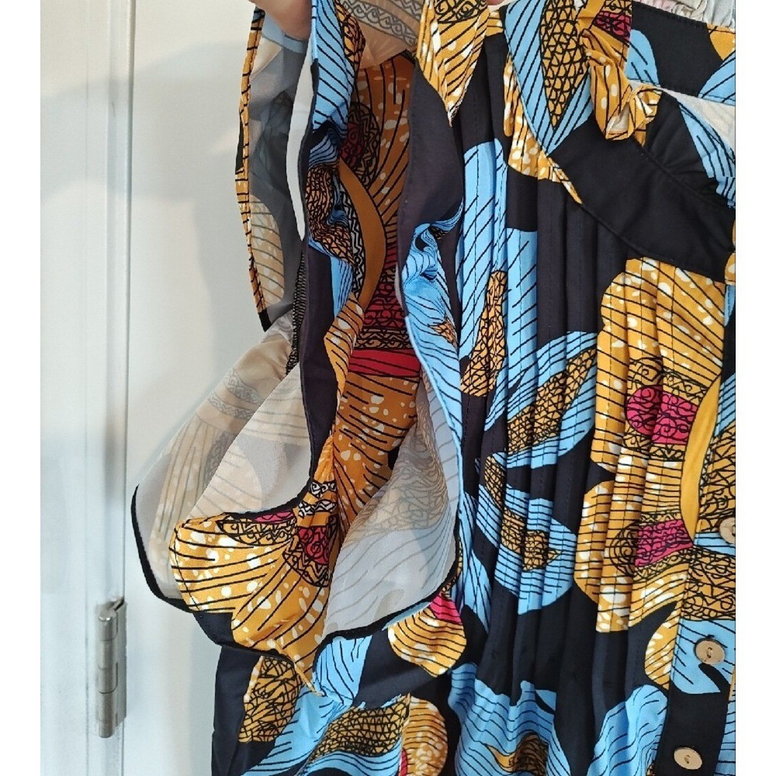 Floral Ruffle Sleeve Button Down Blouse Blue Yellow Pleated Front Women medium