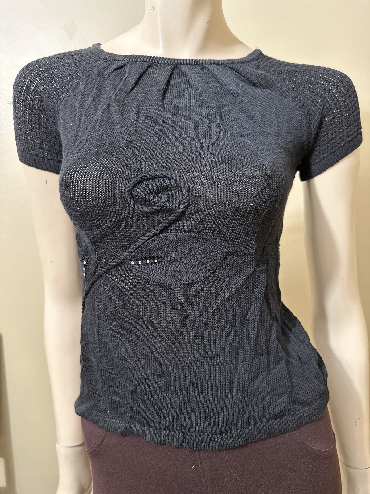 Women’s Black Cotton Crochet Casual Stretch Slim Sheer Pleat Beaded One Size Top