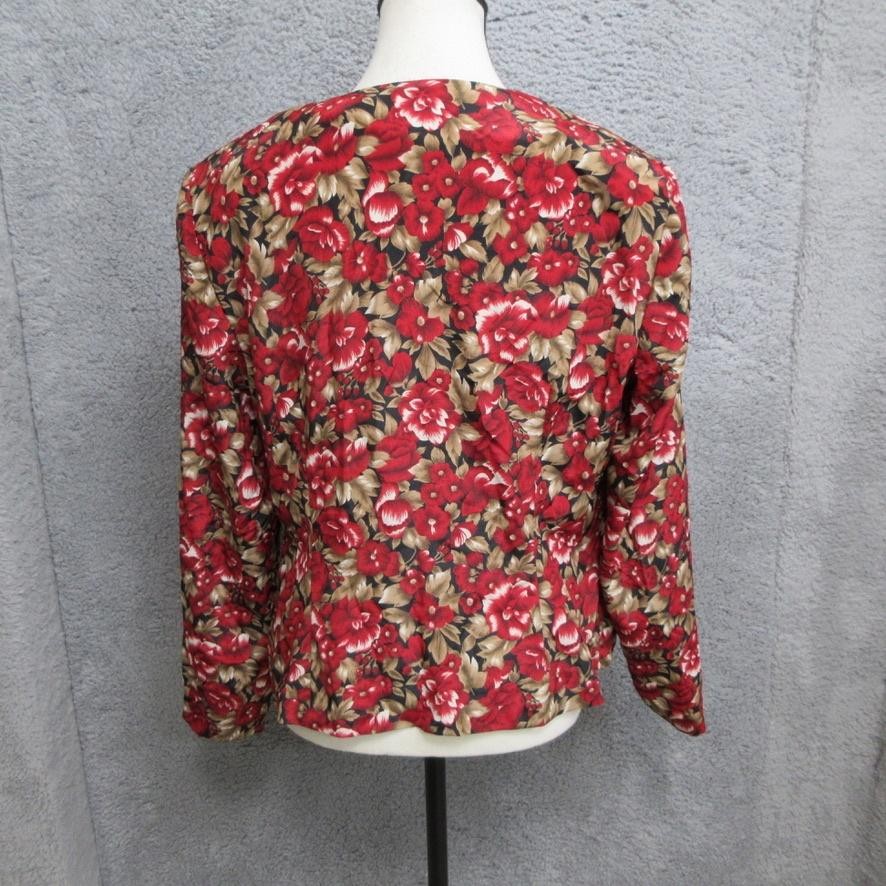 Vtg Leslie Fay Blouse Womens 12 Red Floral Lace Collar Button Front Long Sleeve