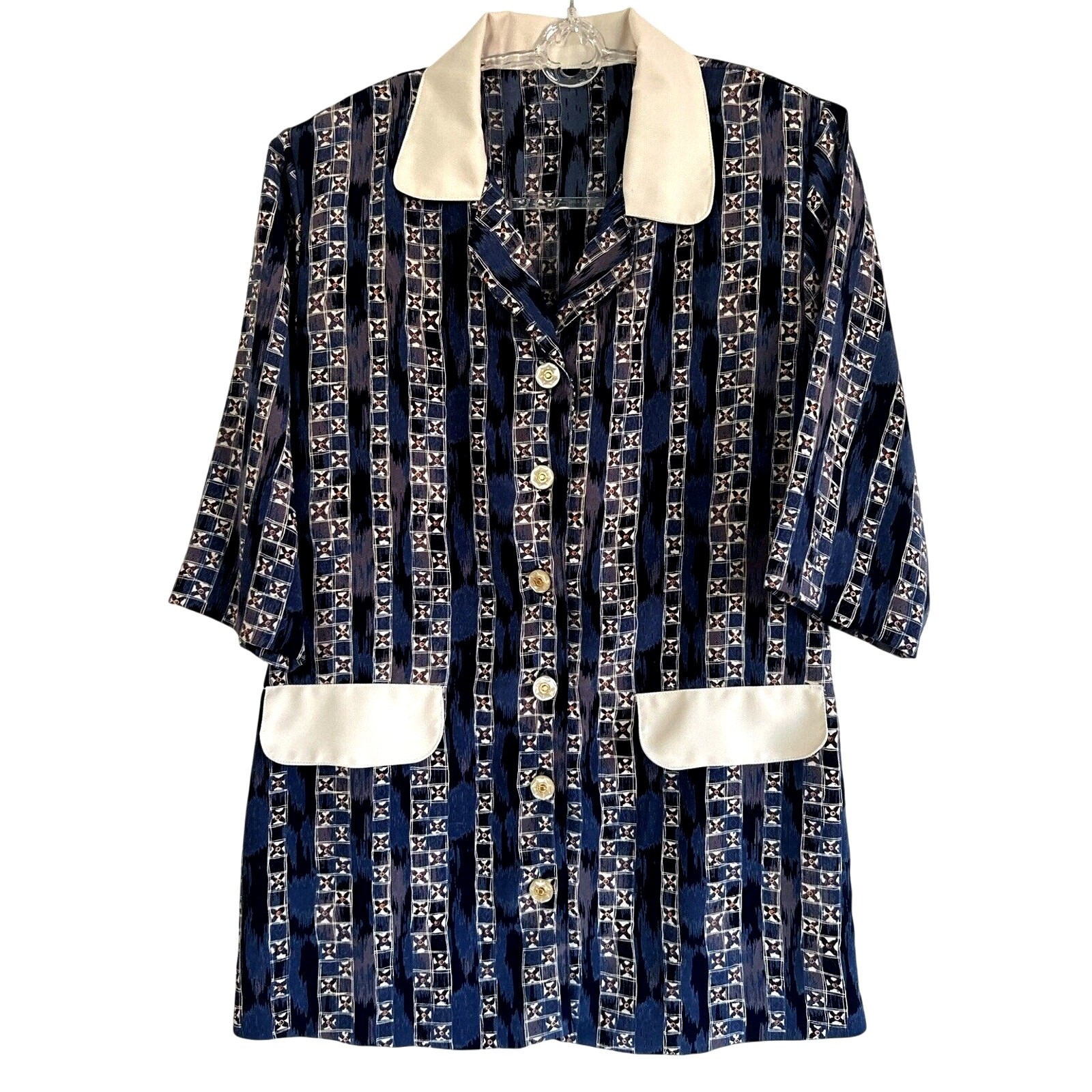 70s Mod Blouse Blue White Gold Buttons Size M Shirt