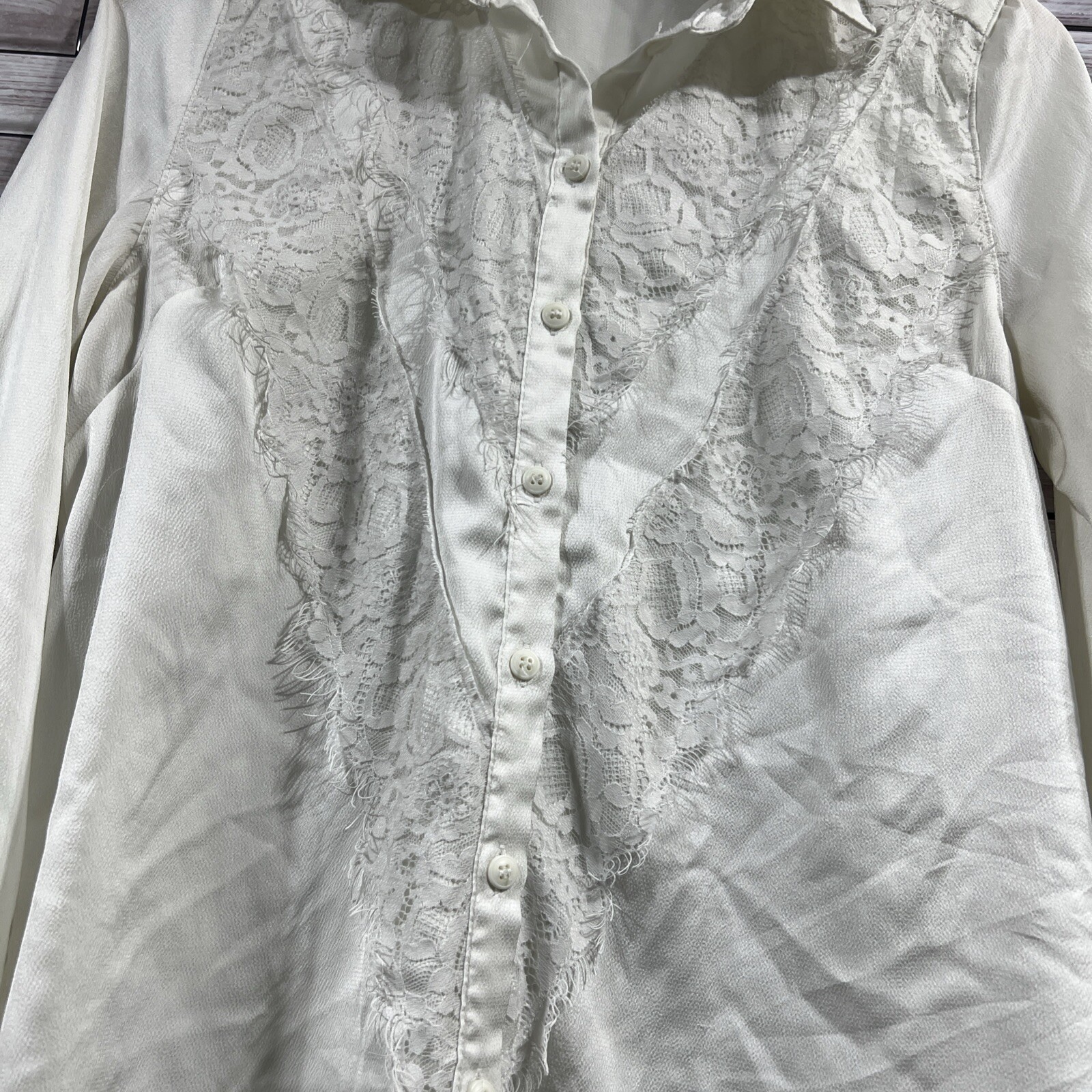 Bohme womens S western white shirt boho lace fringe button silky long sleeve
