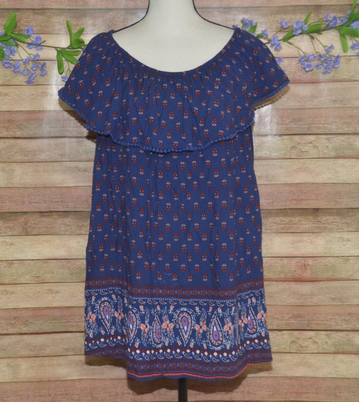 Faded Glory Womens 3X Boho Blue Rayon Scoop Neck Sleeveless Pullover Top Blouse
