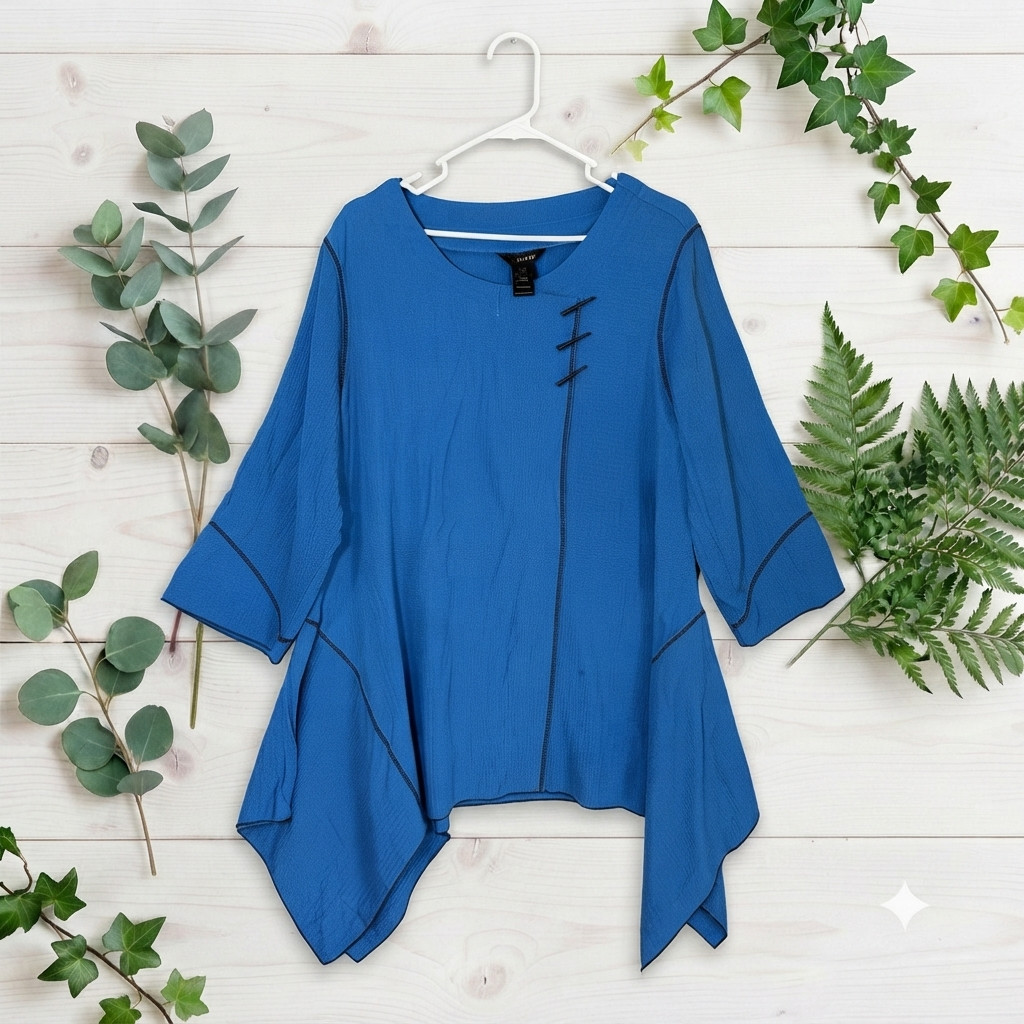 Ali Miles Tunic 1X Top Blue Art To Wear Lagenlook Scoop Neck Asymmetrical Hem