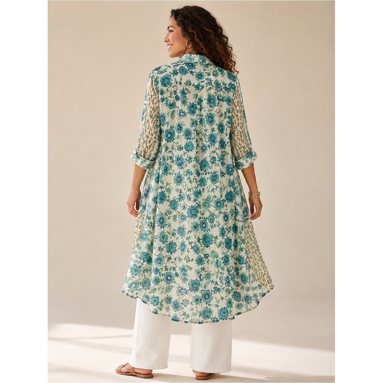 Rose + Olive Floral Shirt Dress Blue/Teal Boho Button Front Tunic Resort Wear