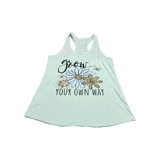 Womens XXL Graphic Tank Top “Grow Your Own Way” Mint Blue Leopard Flower