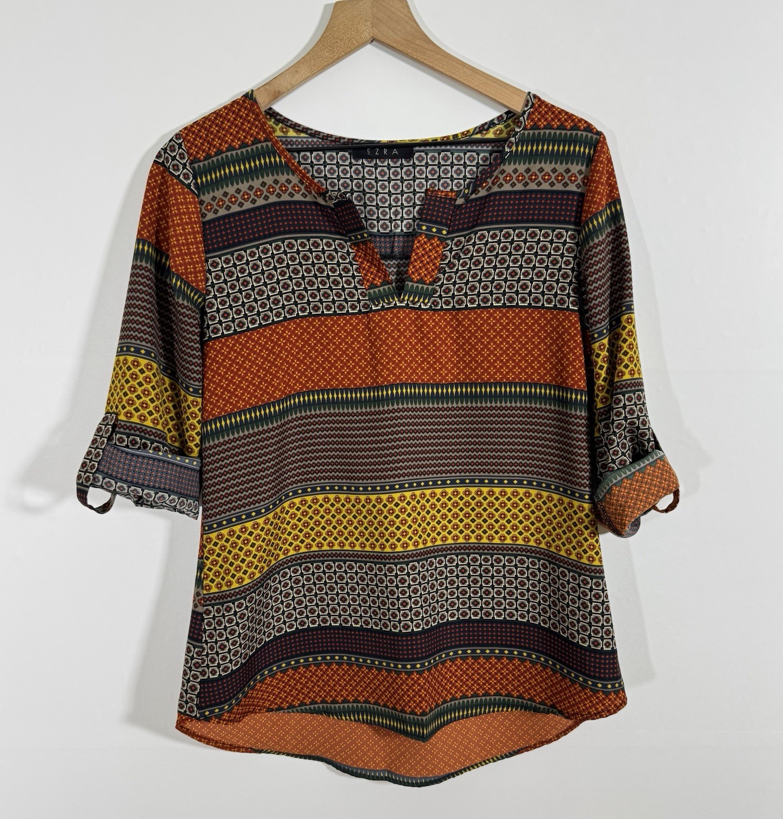 EZRA Split V-Neck Warm Earthy Boho Stripe Rolled Cuff Popover Tunic Blouse Sz S