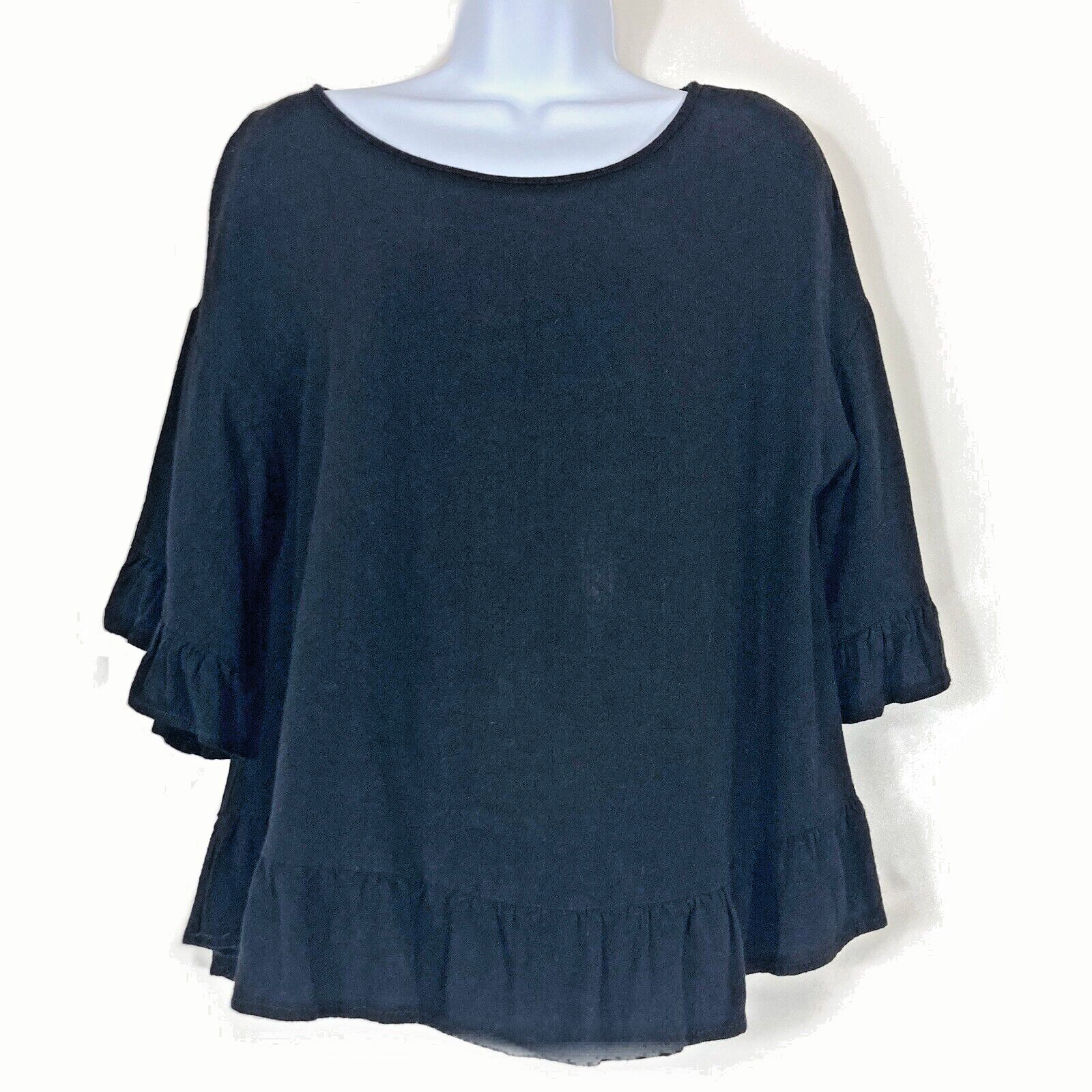 Ruffle Hem Linen Top Drop Shoulder Keyhole Black M Bohemian