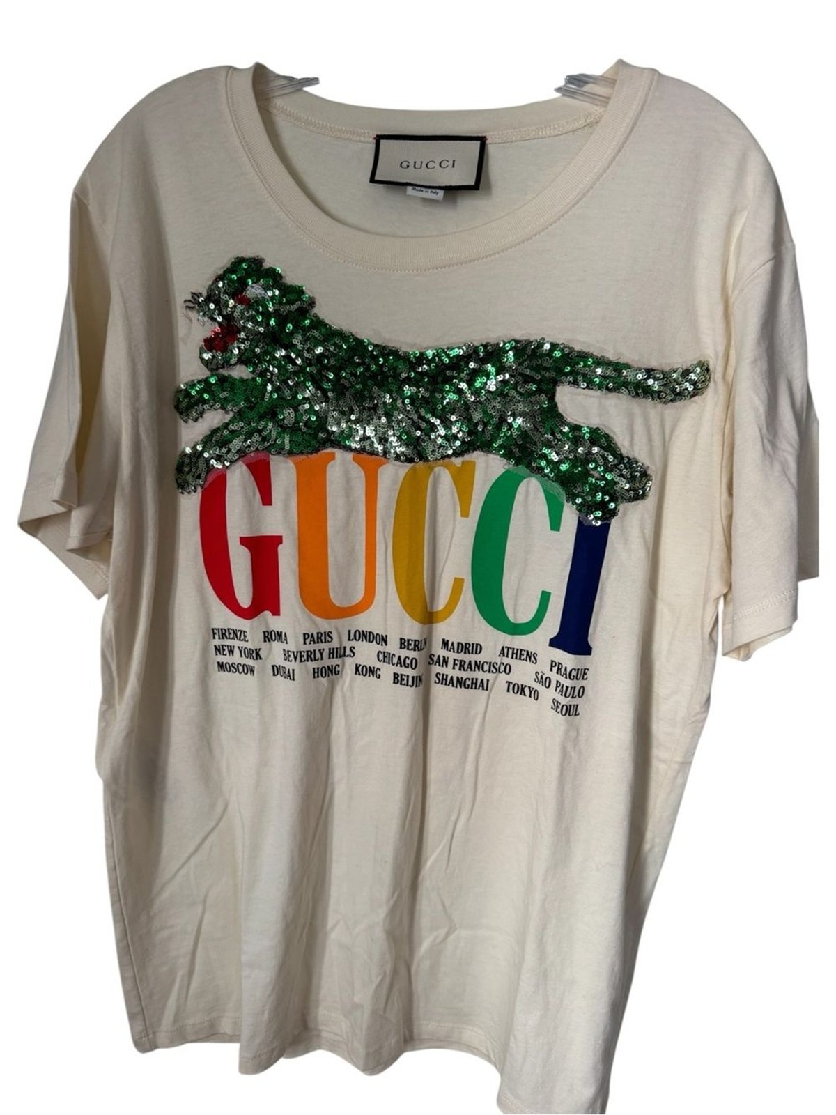 Gucci Cream City Logo Print Cotton Sequin Tiger Applique Detail T-Shirt S