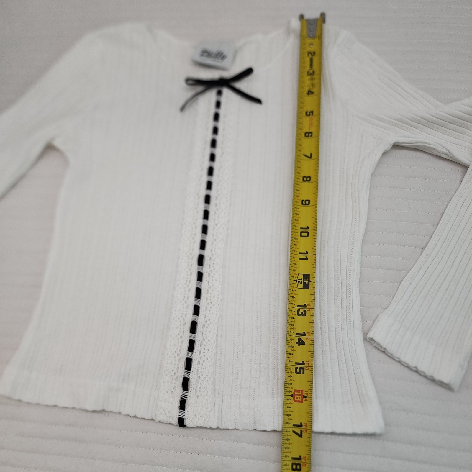 Philly California Top Ribbed Knit White Long Sleeve Lace Trim Black Bow