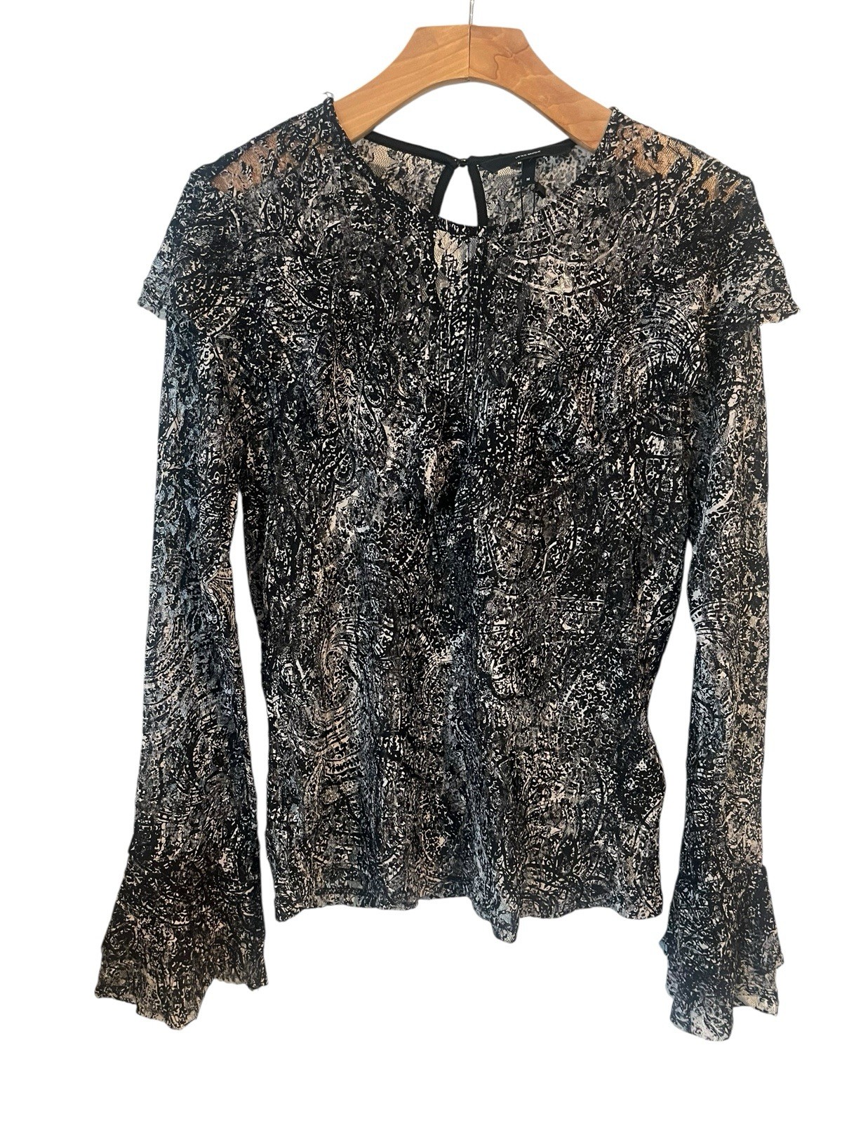 Vero Moda Sheer Blouse Womens Size M Black White Ruffle Neck Flared Sleeve NEW