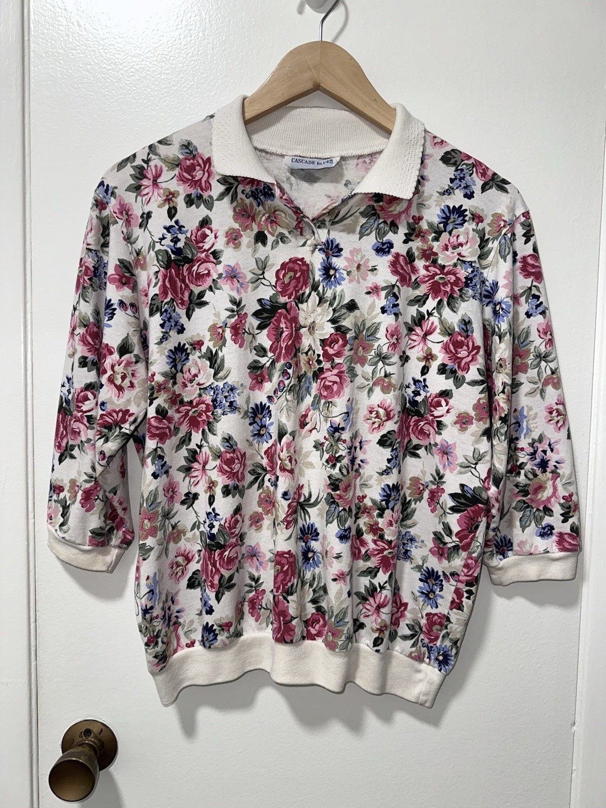 Cascade Blues Womens Floral Collared Shirt Vintage Style 3/4 Sleeve