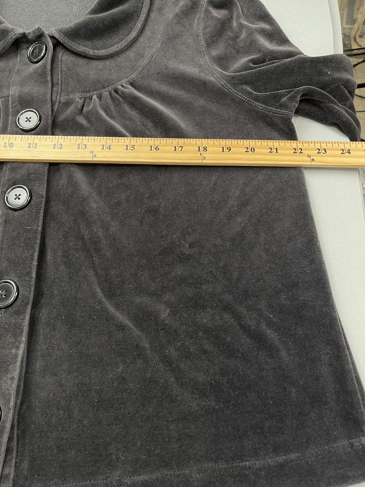 Kim Rogers Women Shirt Large Dark Gray Velour Button Front Collared Twee Cottage