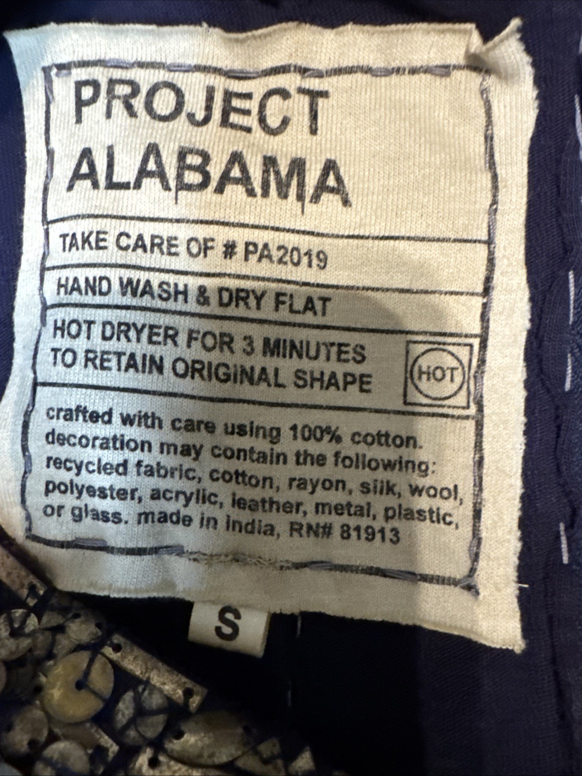 Project Alabama Handmade Navy Top Brass Tone Embellishments Zip Back RARE Small