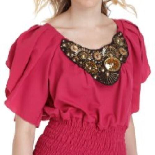 Xoxo small pink Embelllished stretch waist flutter sleeve crop top R2