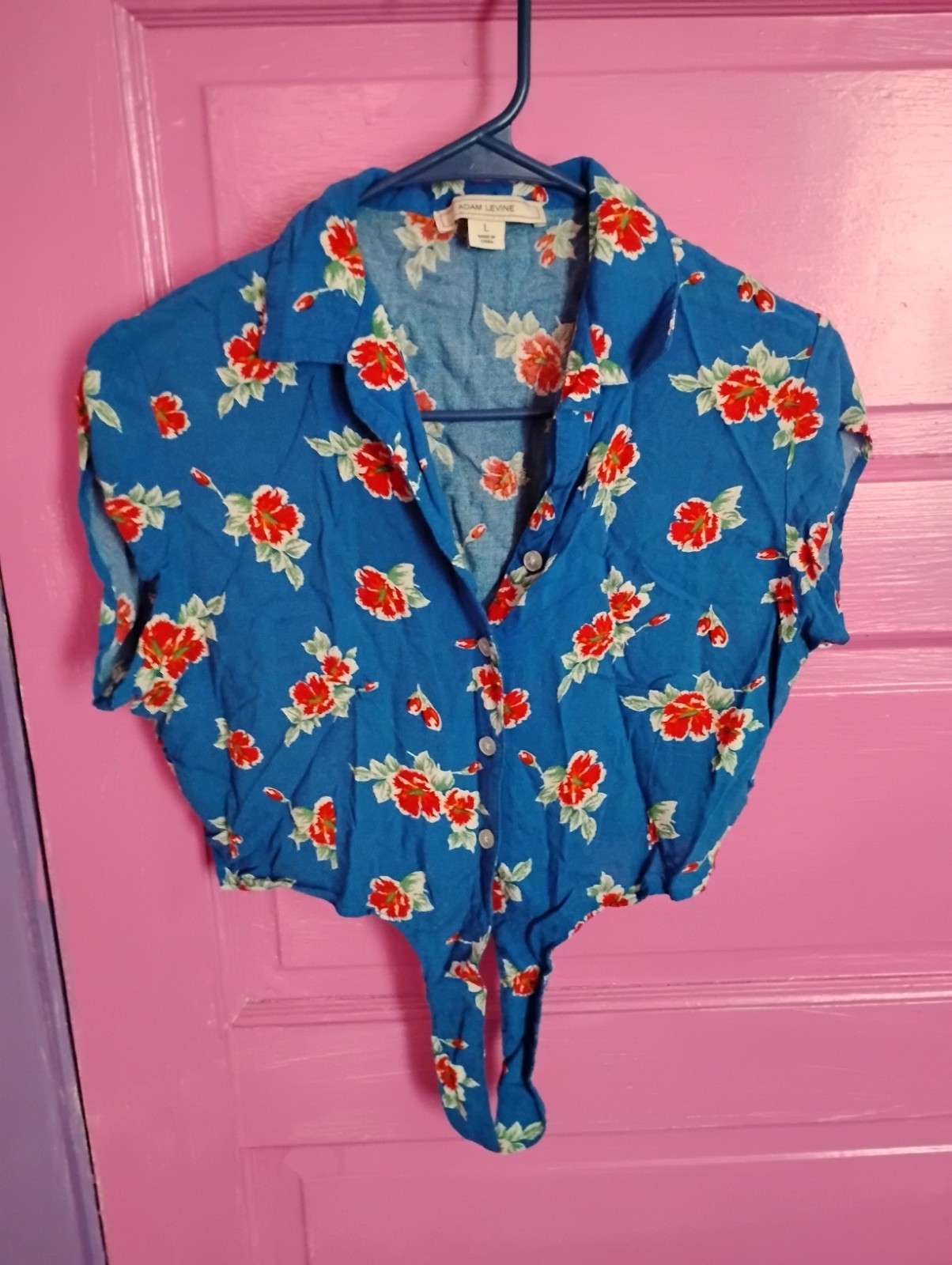 Adam Levine Y2K Blue Floral Button Up Crop Top Tie Front Large Women Junior’s