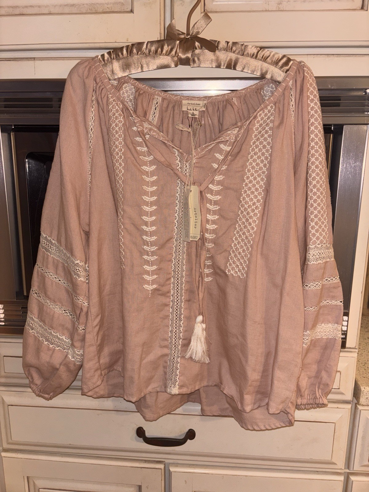 Artelier Nicole Miller Top Boho Blouse Shirt Cotton Embroidered Pink/Mauve Large