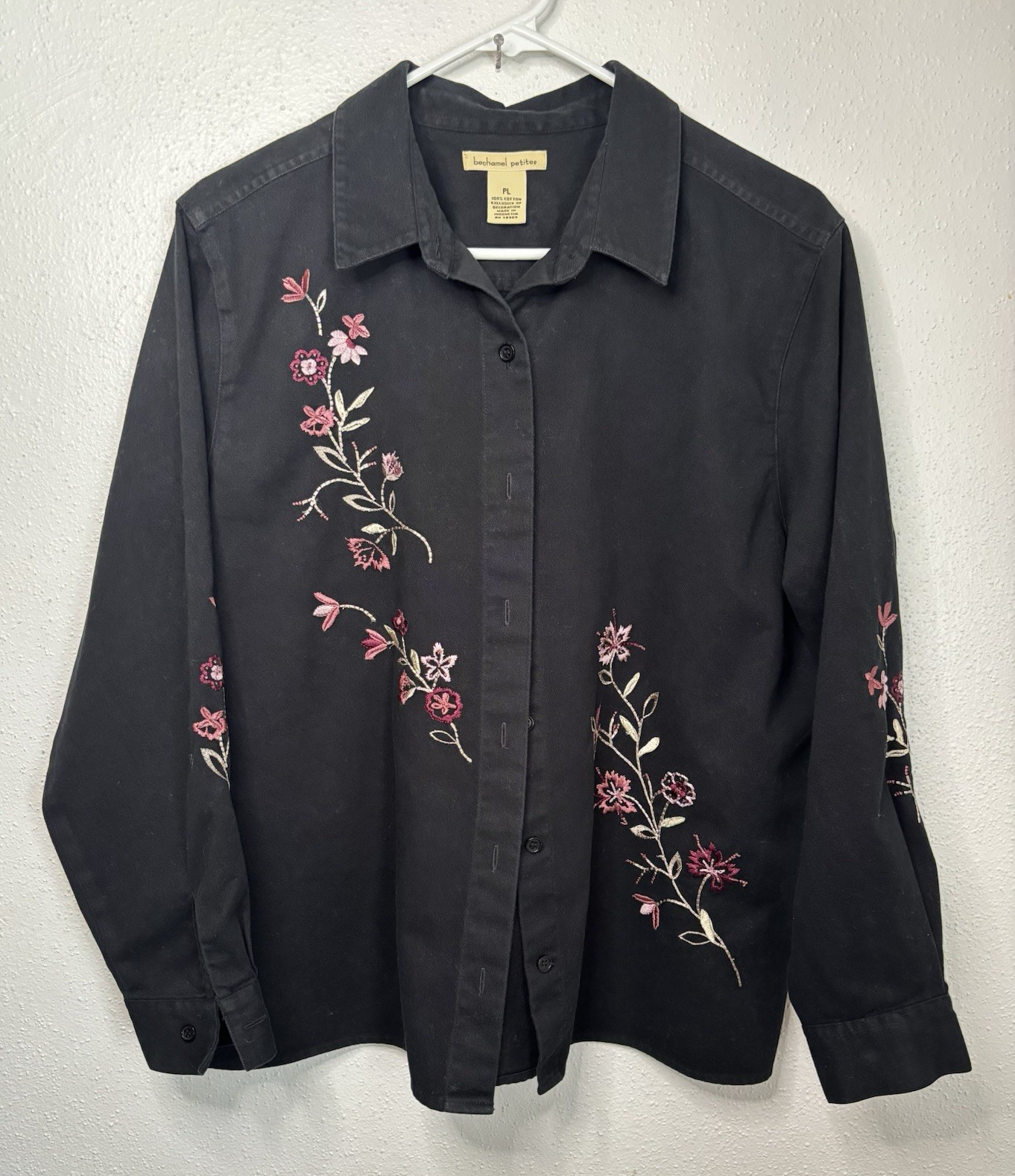 Bechamel Petites Black Floral Embroidered Woven Cotton Button-Up Shirt PL