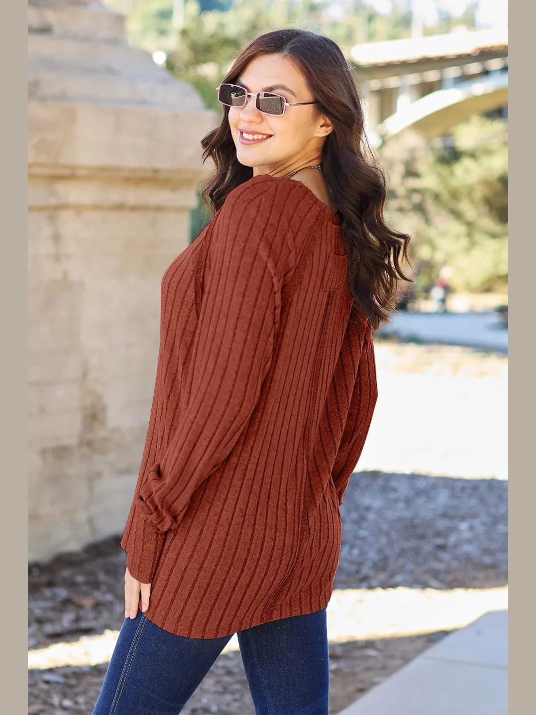 Basic Bae Full Size Ribbed Round Neck Long Sleeve Knit Top