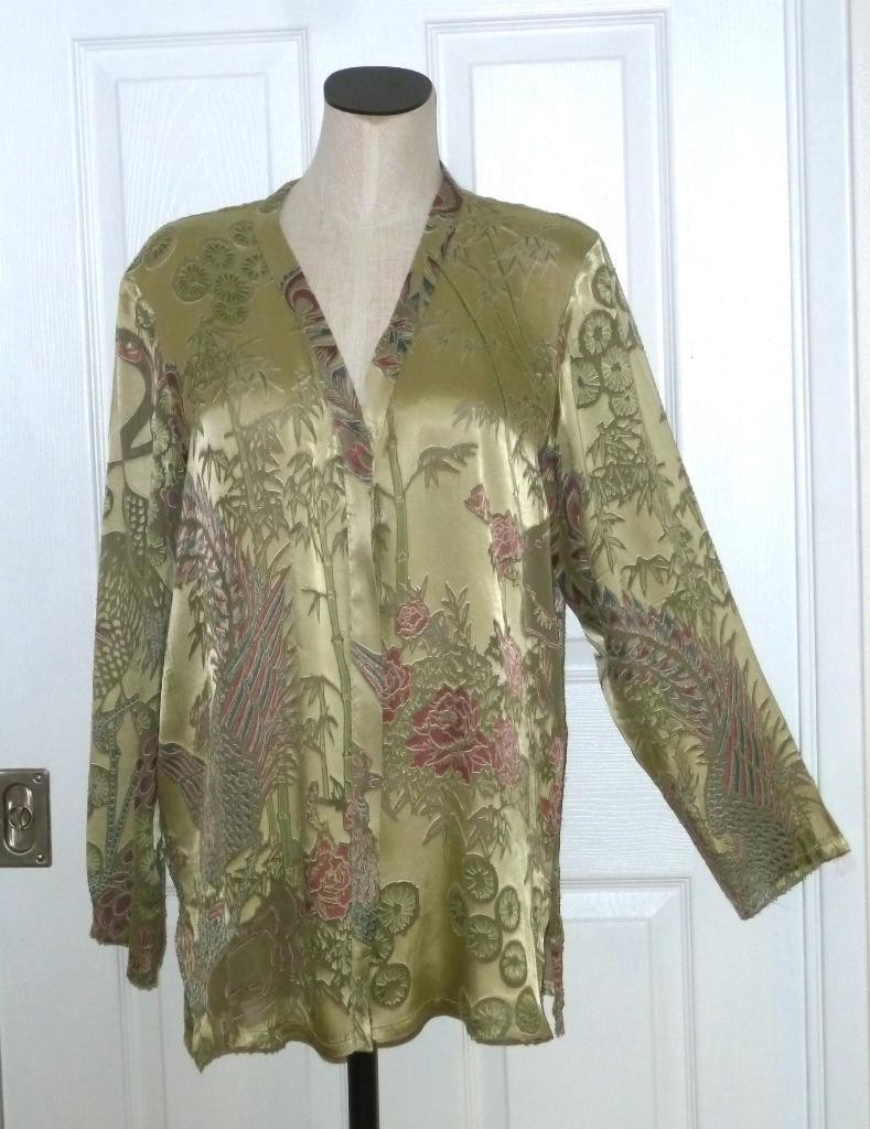 Citron Santa Monica Green Purple Rayon Silk Burnout Asian Bird Floral Topper S M