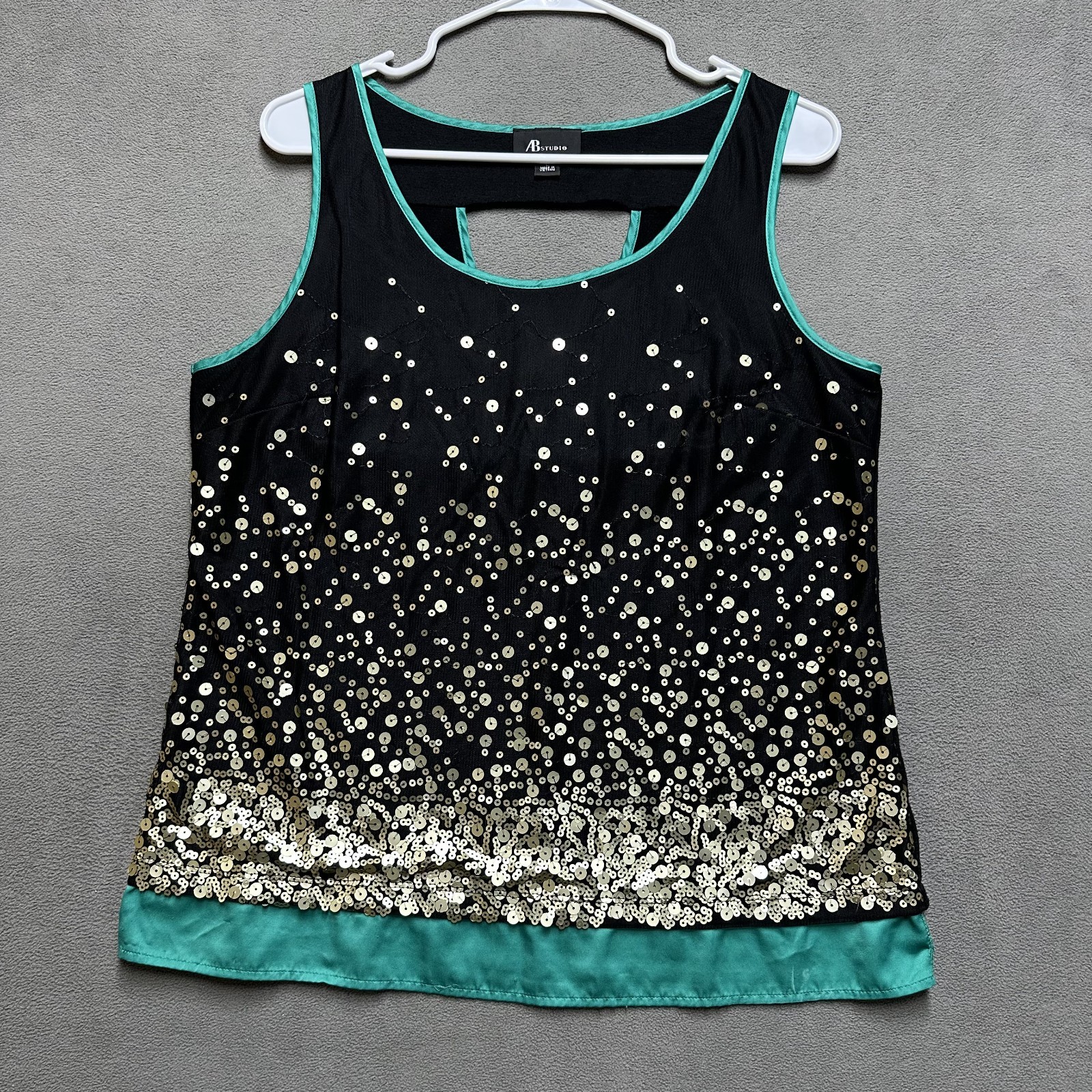 AB Studio Tank Top Large Black Turquoise Sequin Scoop Neck Vee Cutout Back EUC