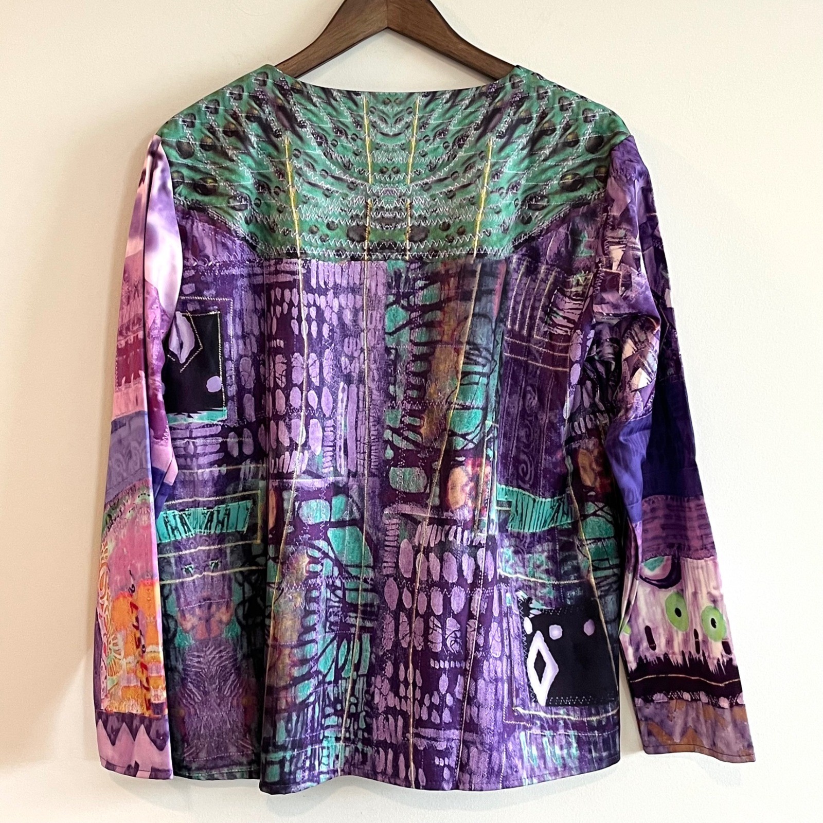 Misslook Purple Abstract Patchwork Print Long Sleeve Blouse Top Womens Large L