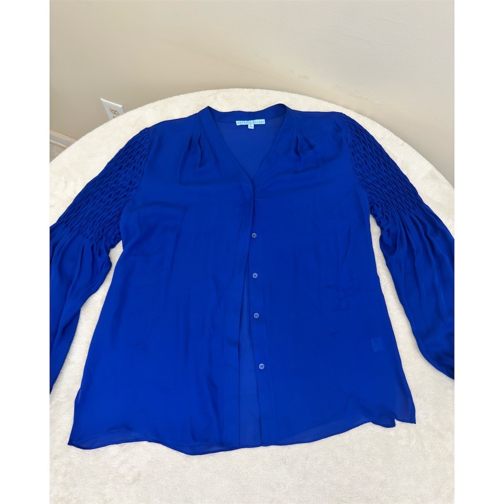 ANTONIO MELANI Blouse 100% SILK Women L Royal Blue Button Front Long Sleeve
