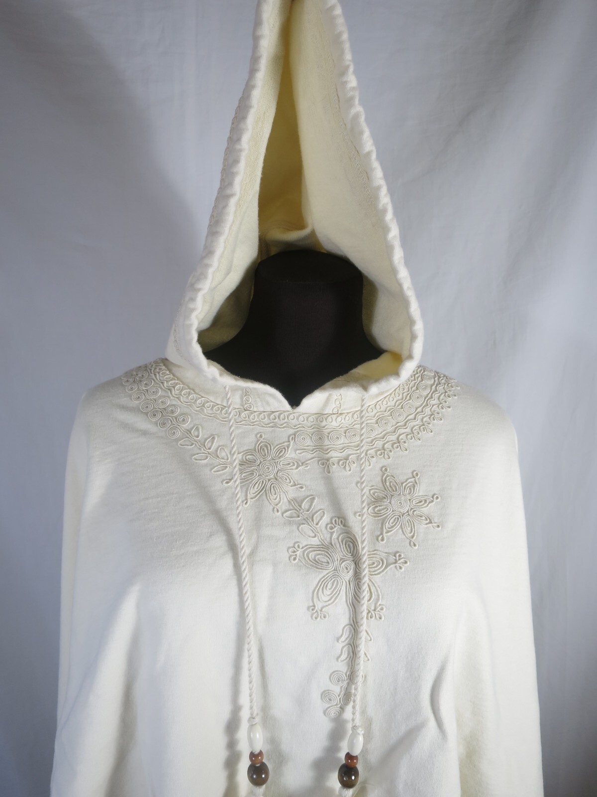 Lucky Hooded Poncho Cream Medium Weight Cotton Wood Beads Fringe Ties One Size