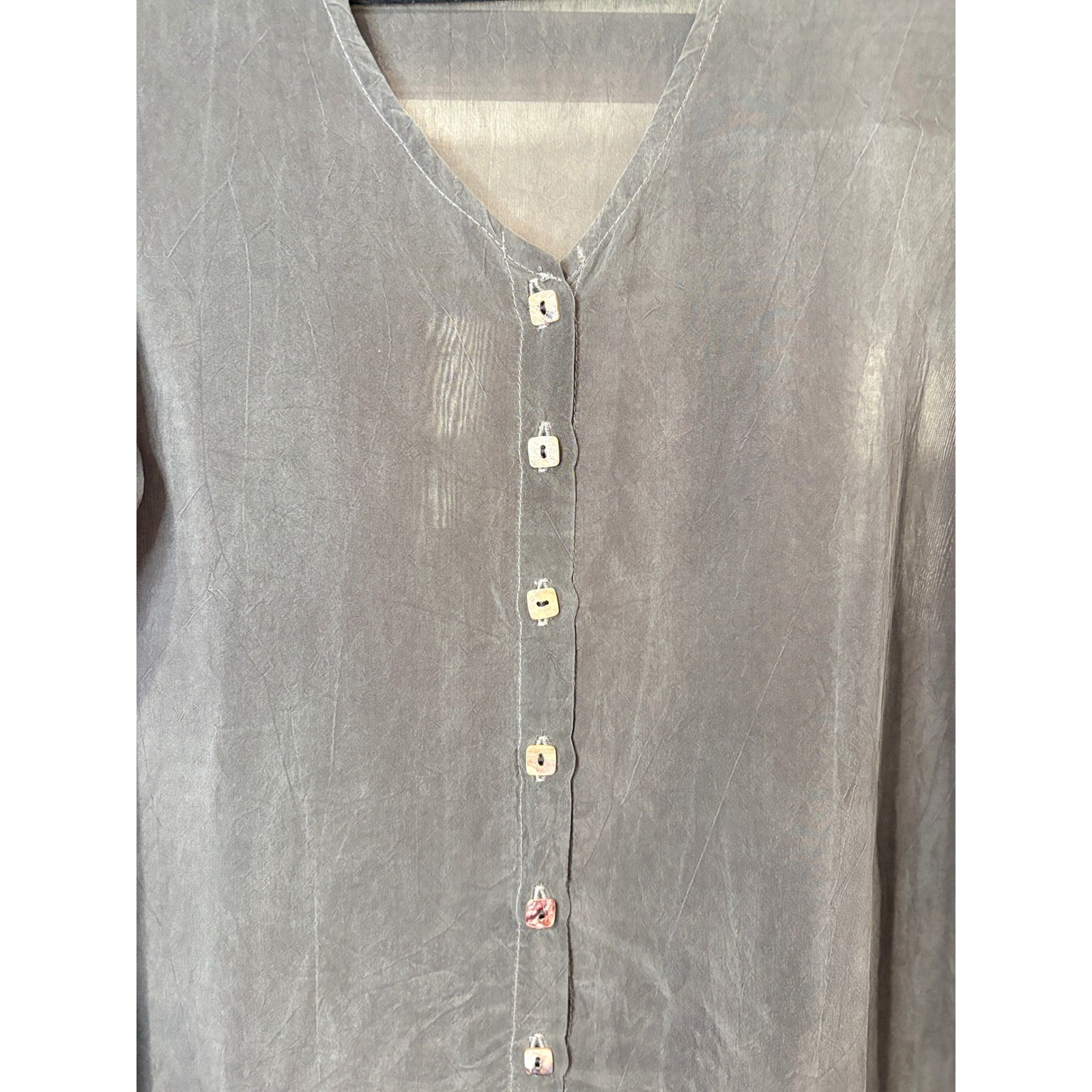 Click Grey Button Down Tunic Women Medium Cupro Rayon V-Neck