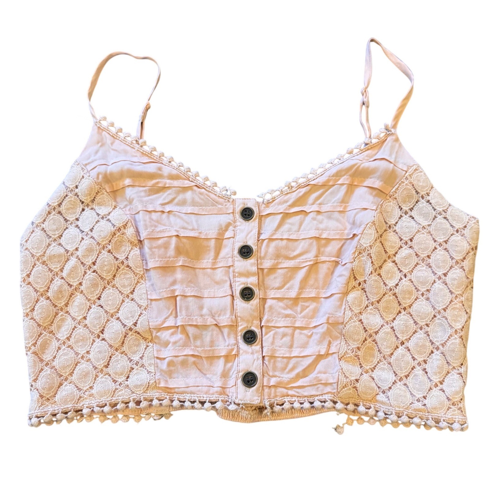 Pink Crochet Lace Smocked Button Up Crop Top Boho Festival L Coquette Fairy Fem