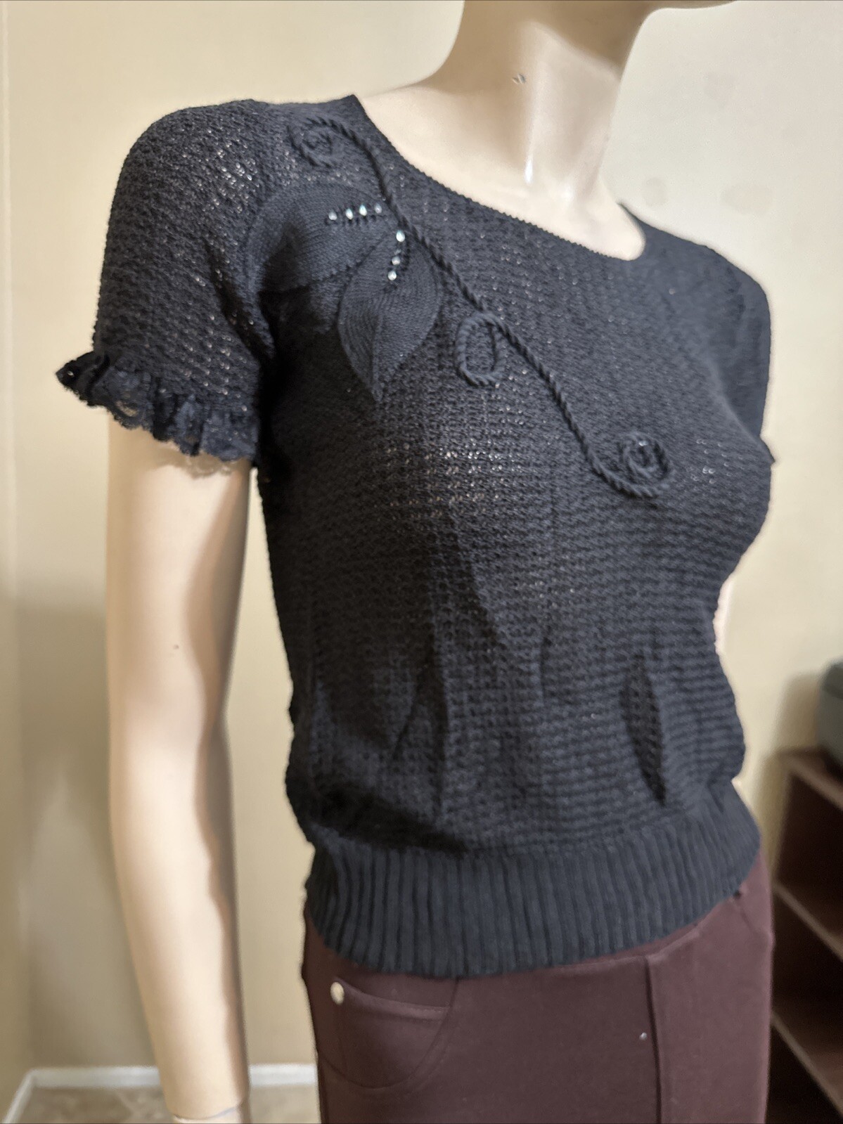 Women’s Black Cotton Crochet Casual Stretch Slim Sheer Lace Beaded One Size Top