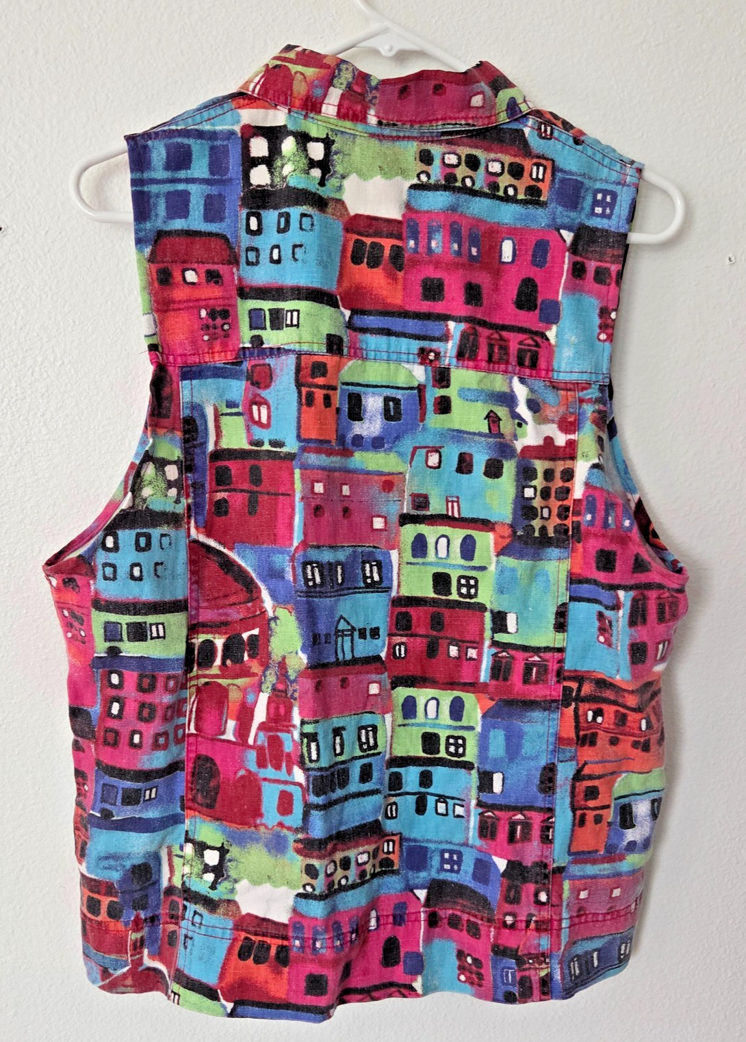 Vtg Chico’s Sleeveless Jacket Vest Vibrant Multicolored Big City Print Size 1