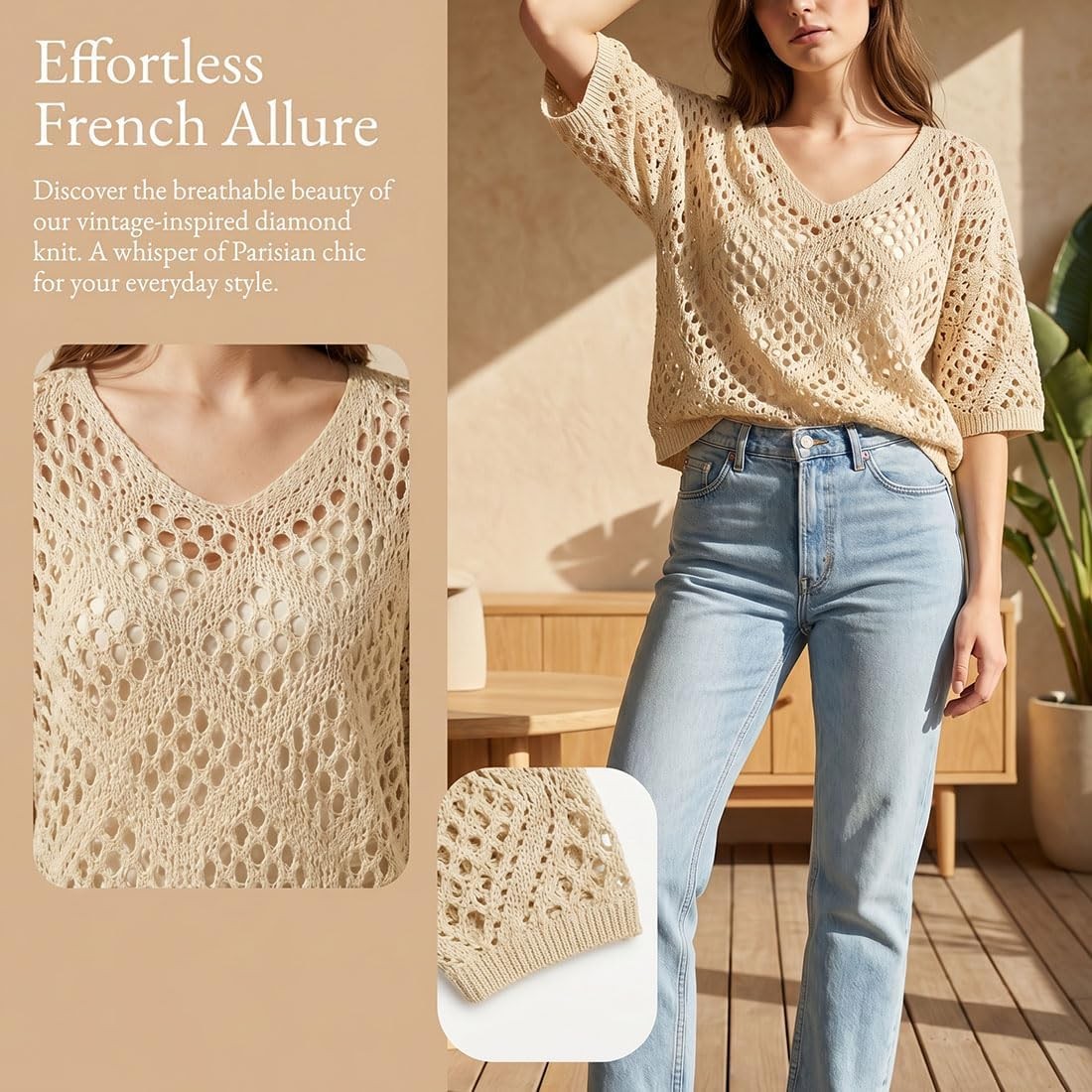 Women’s Bohemian-Inspired Beige Crochet Top with V-Neck