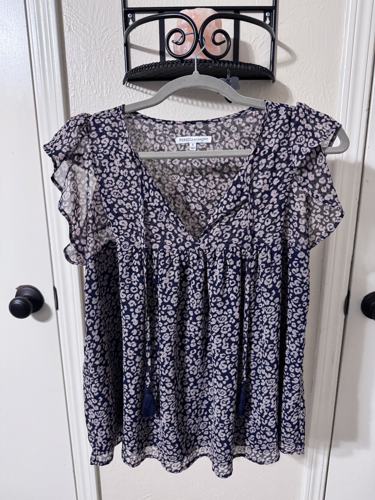 Rebecca Minkoff Blue/White Animal Print V-Neck Flutter Ruffle Blouse S