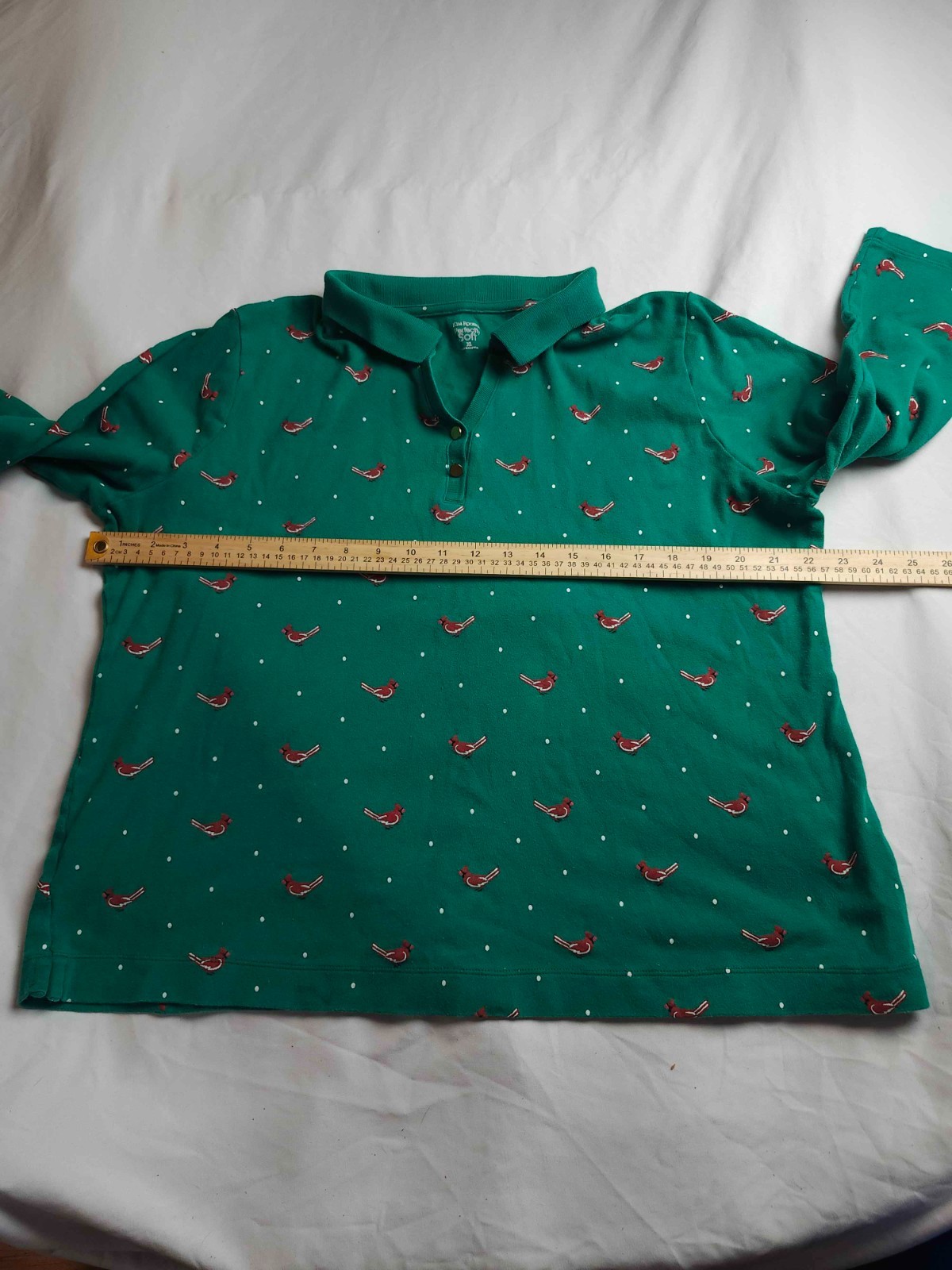 Kim Rogers Perfectly Soft Polo Shirt Womens XL Green Cardinal Bird Polka Dot