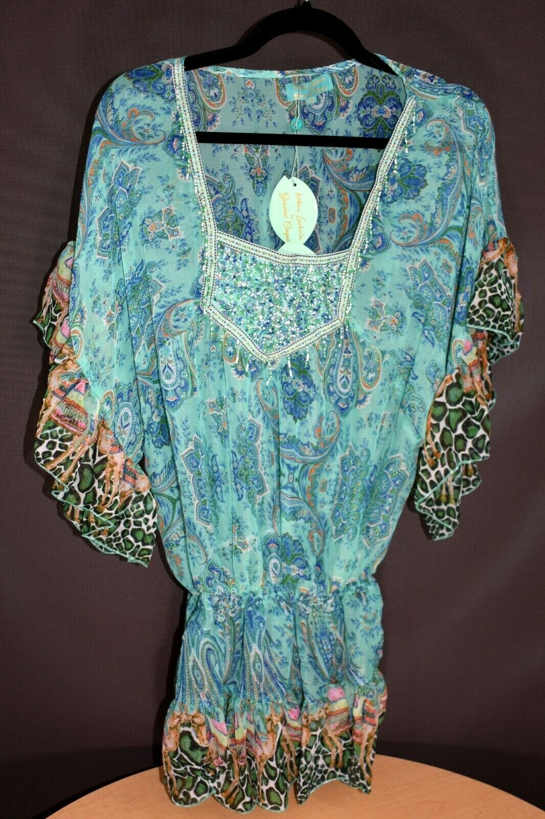 ANTICA SARTORIA 2020 AQUA KISSING CAMELS GATHERED AT HIP BEADED NWT TOP